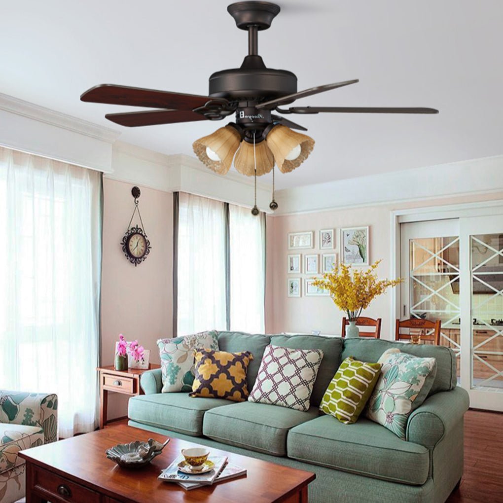 Retro Wood Blade Ceiling Fan Light with Glass Shade