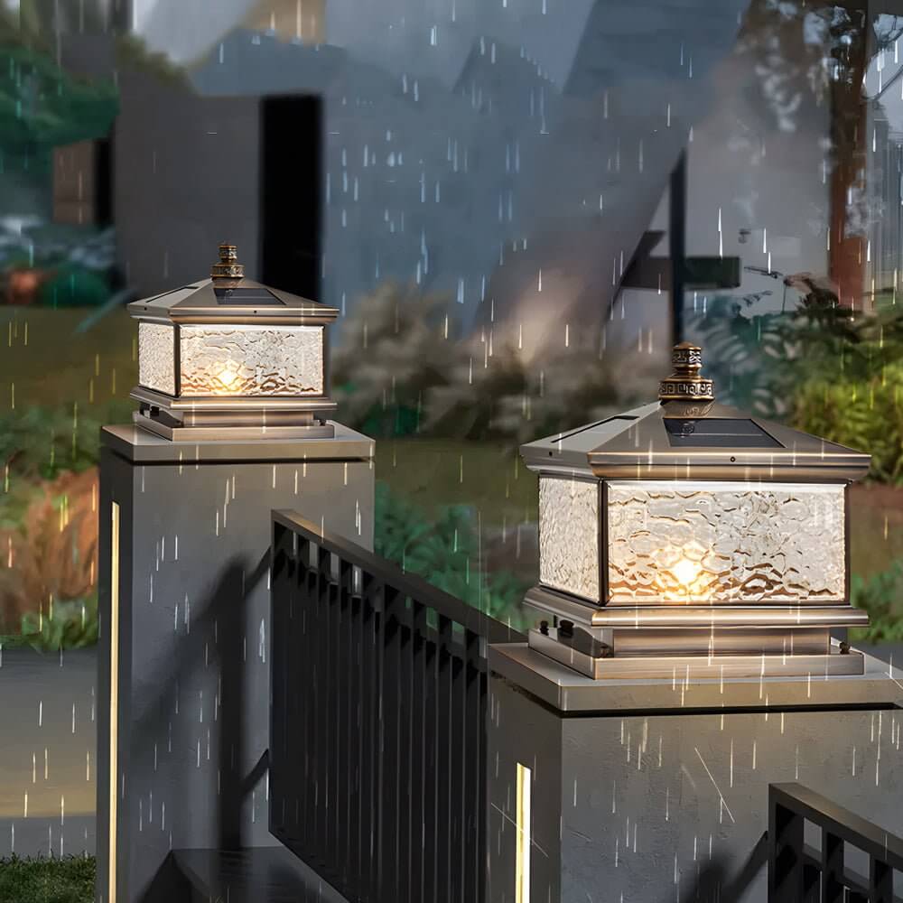 Retro Square Antique Brass Outdoor Post Light with Tempered Glass