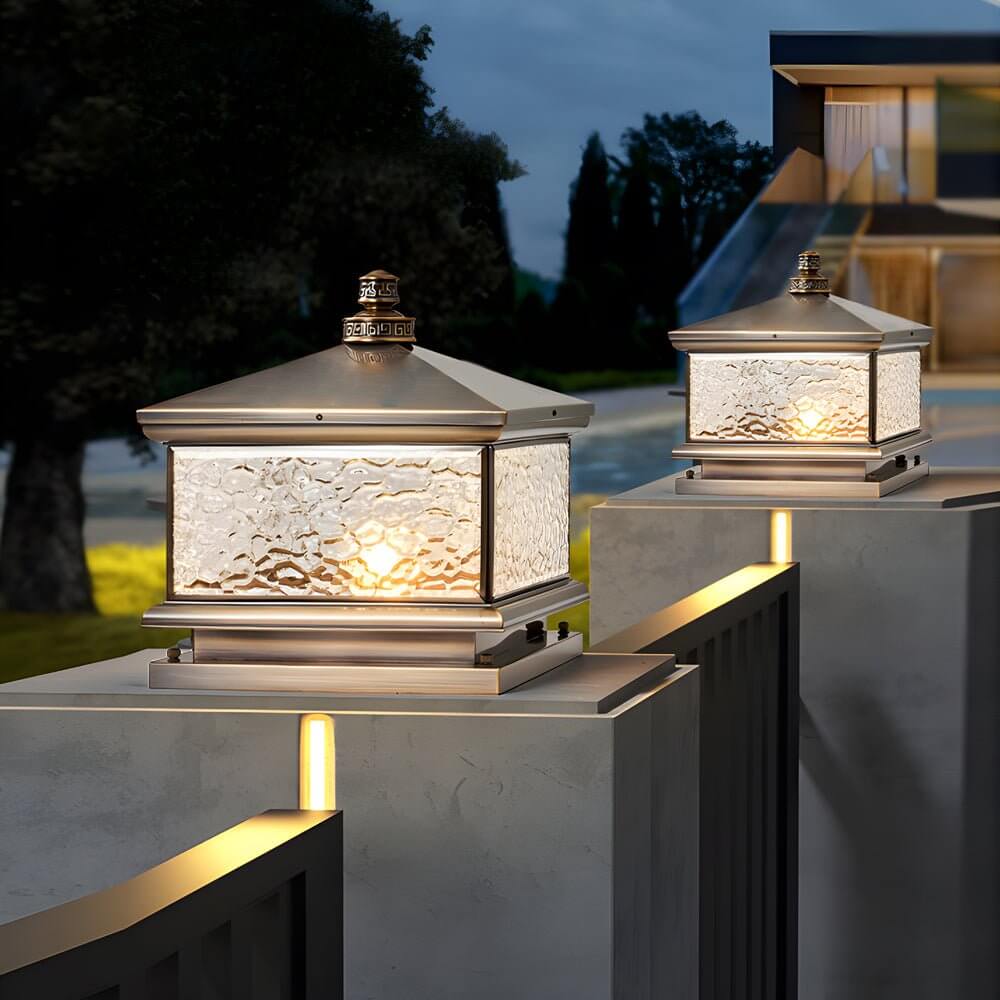 Retro Square Antique Brass Outdoor Post Light with Tempered Glass