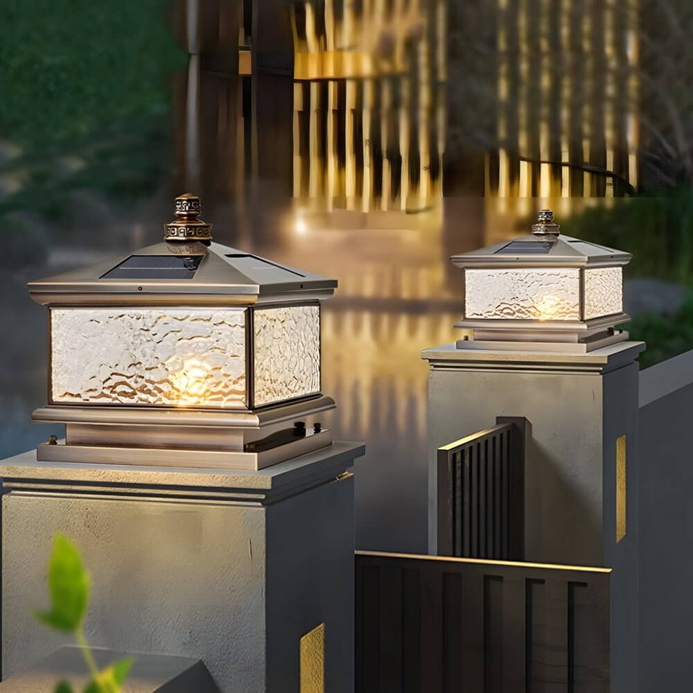 Retro Square Antique Brass Outdoor Post Light with Tempered Glass