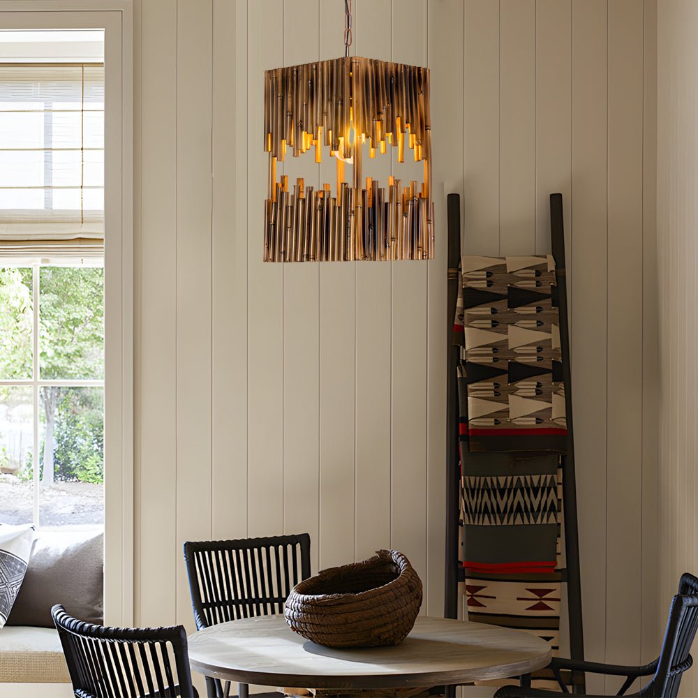 Retro Bamboo Cuboid Pendant Light - 1-Light Suspension Lamp