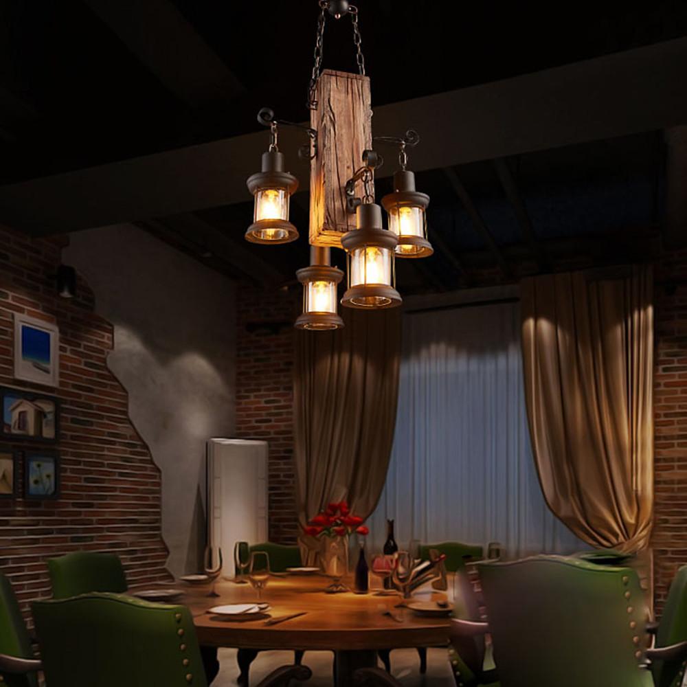 Rustic Wood Farmhouse Chandelier with 4 Lantern Lights