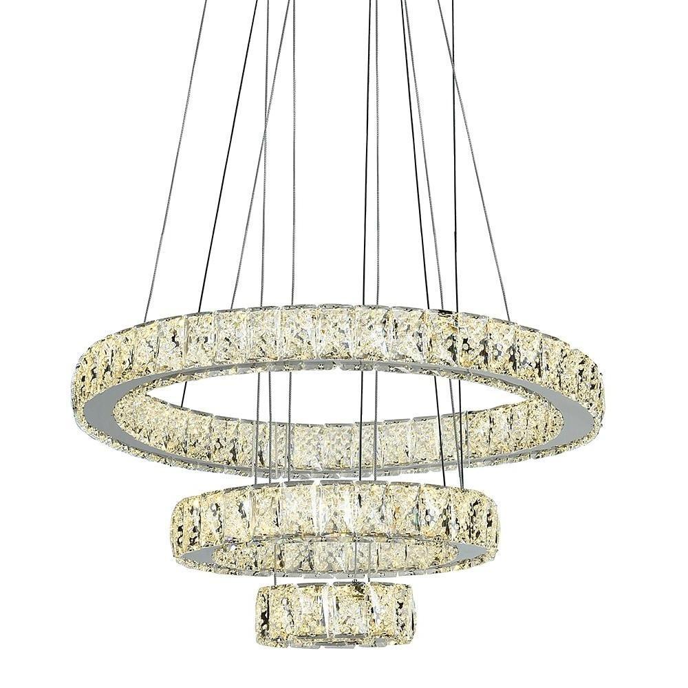 3-Tier Crystal Ring Chandelier with LED - Modern Chrome Finish