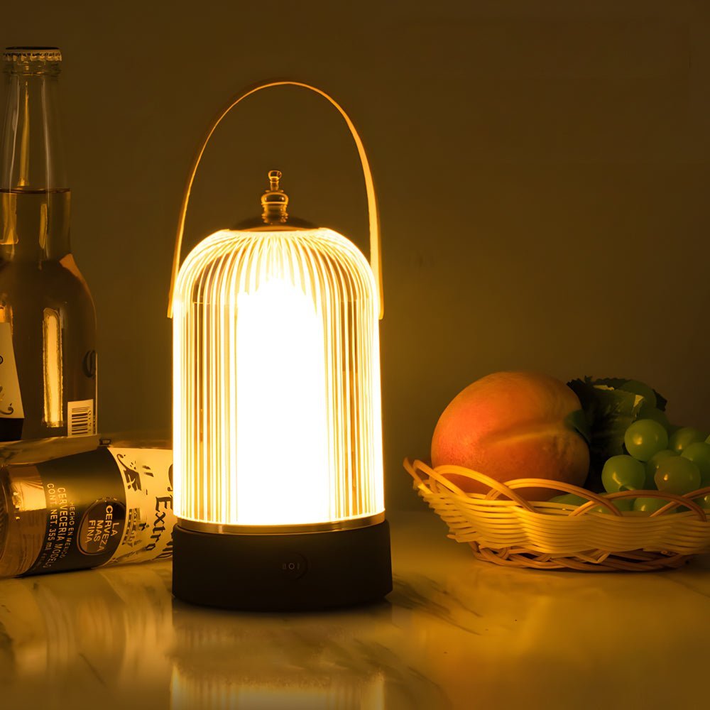 Ribbed Glass Portable Table Lamp with LED Dimming & Handle