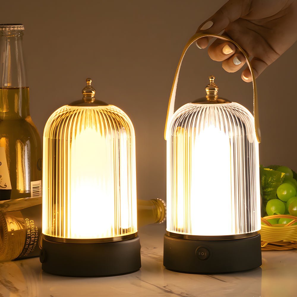 Ribbed Glass Portable Table Lamp with LED Dimming & Handle