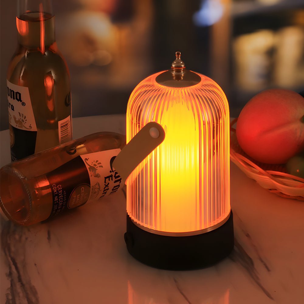 Ribbed Glass Portable Table Lamp with LED Dimming & Handle