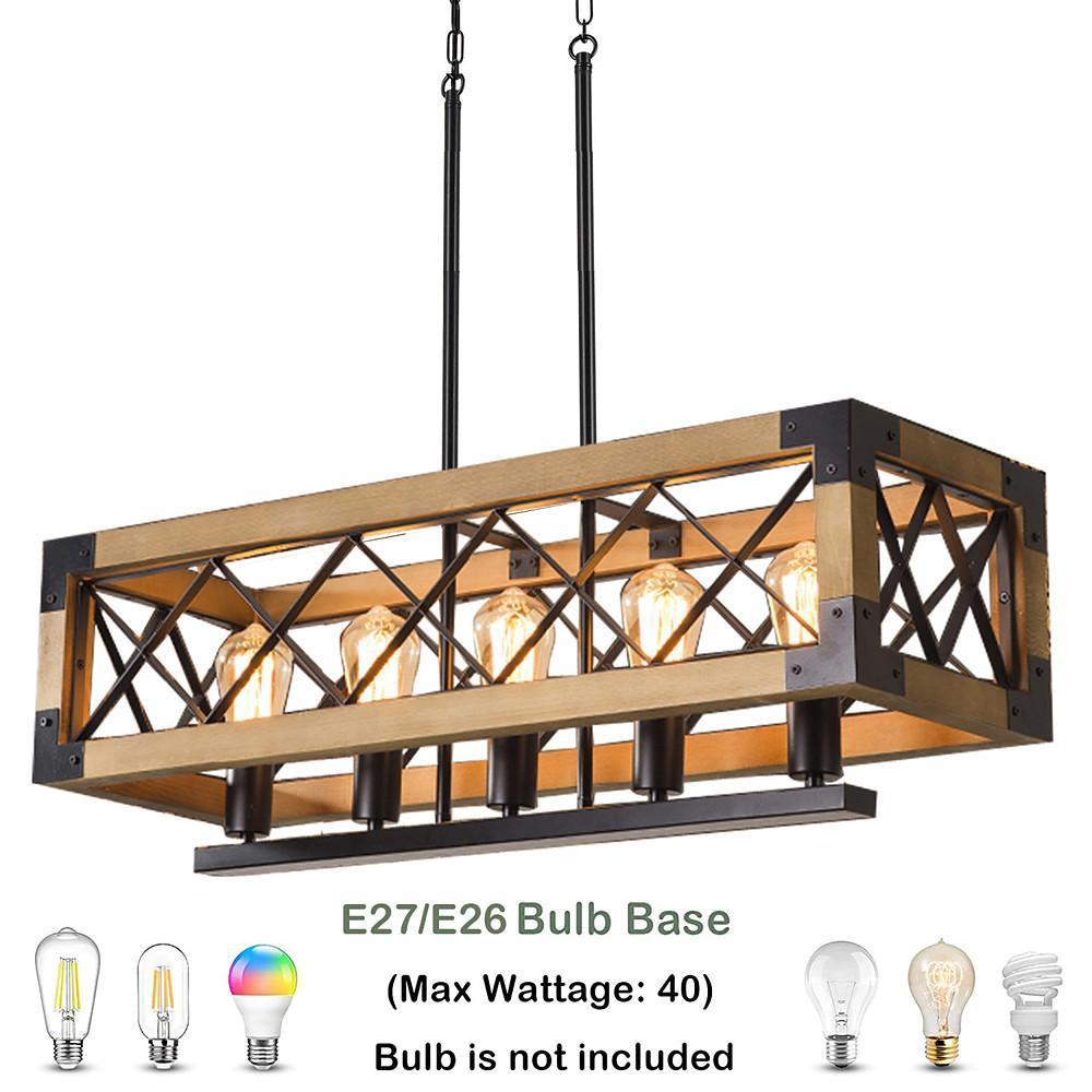 Rustic Industrial Linear Chandelier Wood & Glass Farmhouse Fixture