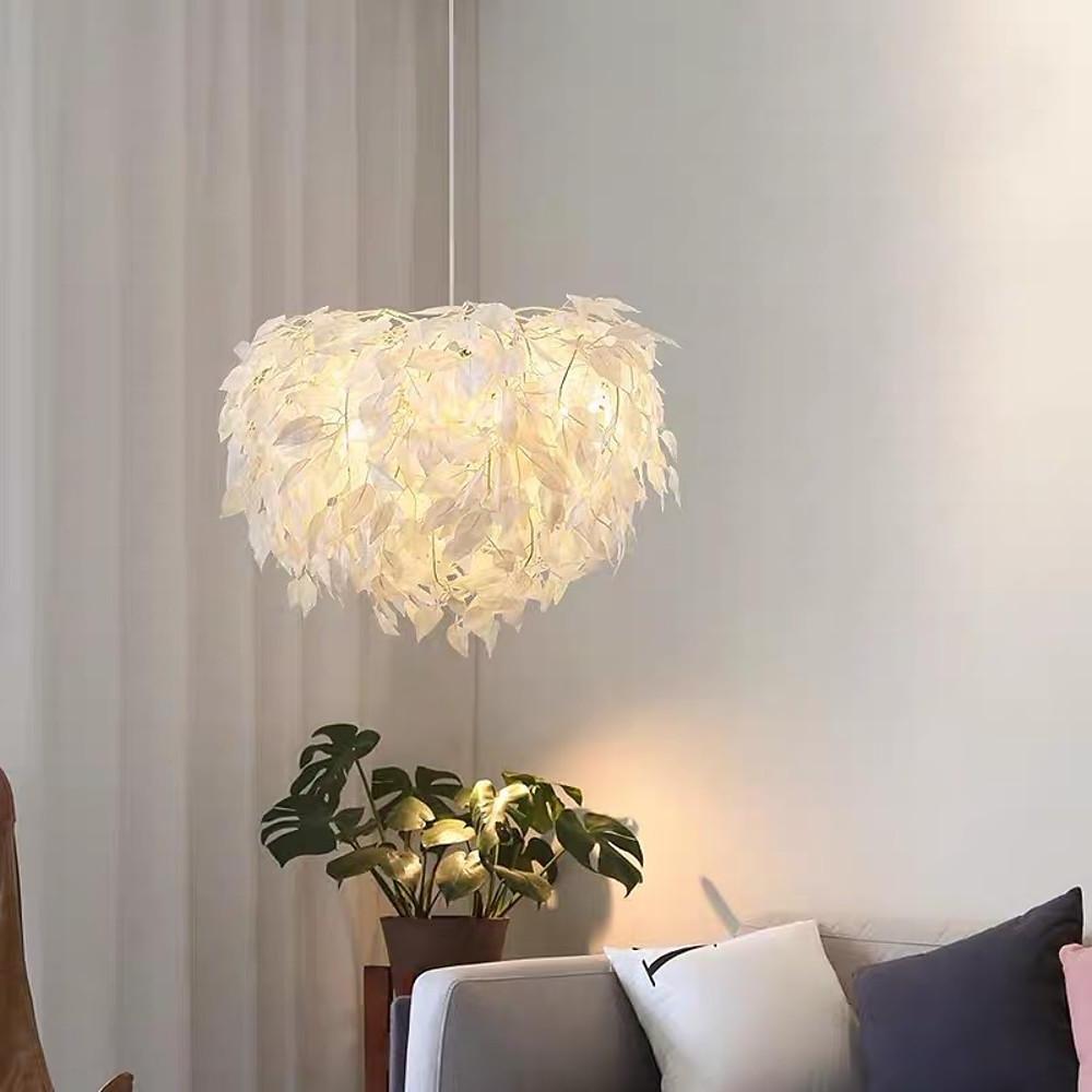 Fabric Feather Pendant Light – White & Gold, Dimmable, 24"