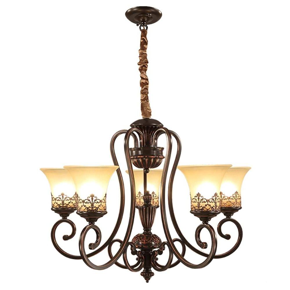 5-Light Vintage Chandelier with Glass Shades and Bronze Finish