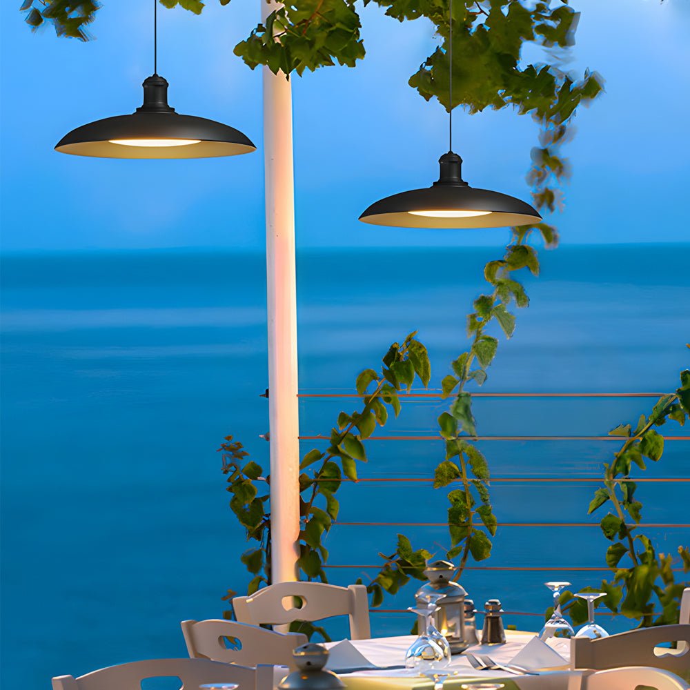 Industrial Black Metal Outdoor Pendant Light - Saucer Design