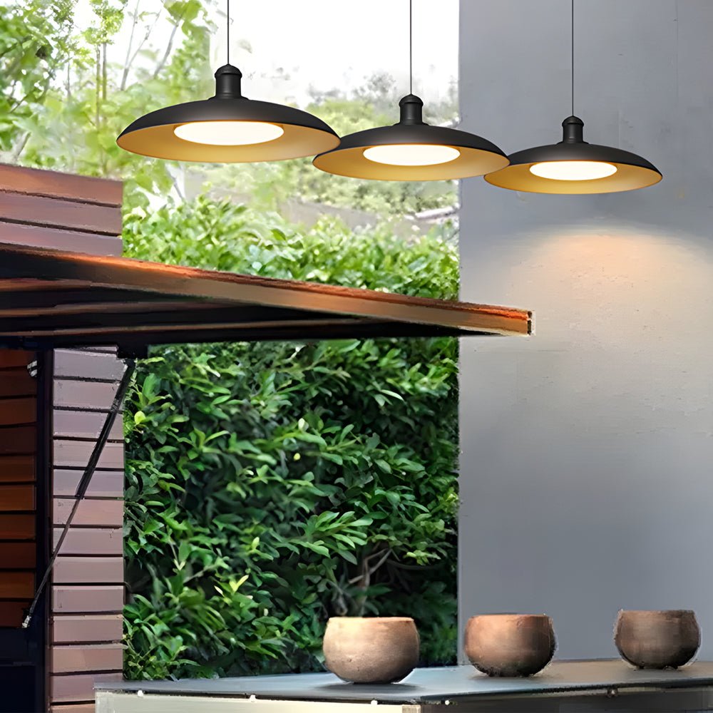 Industrial Black Metal Outdoor Pendant Light - Saucer Design