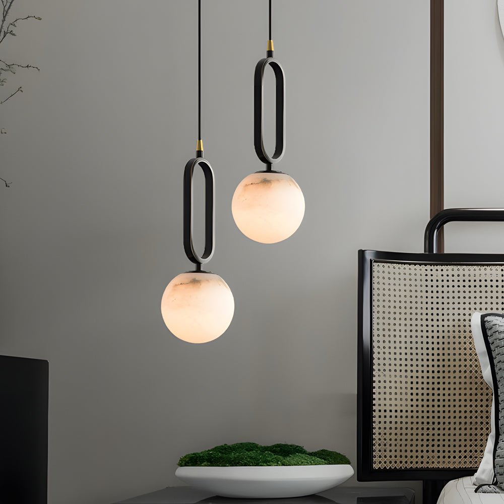 Modern Marble Ball Pendant Light with Copper Accent in Black