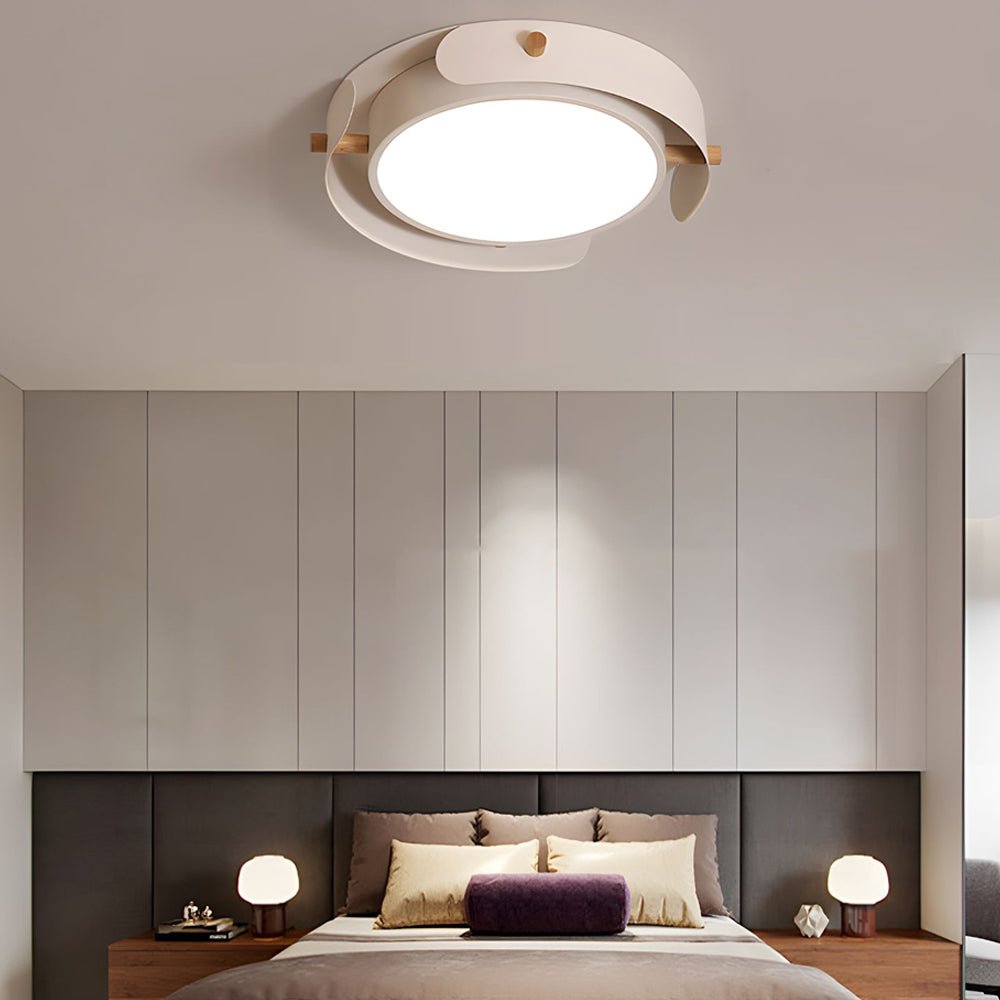 Nordic White Wood Drum Flush Mount Ceiling Light with LED
