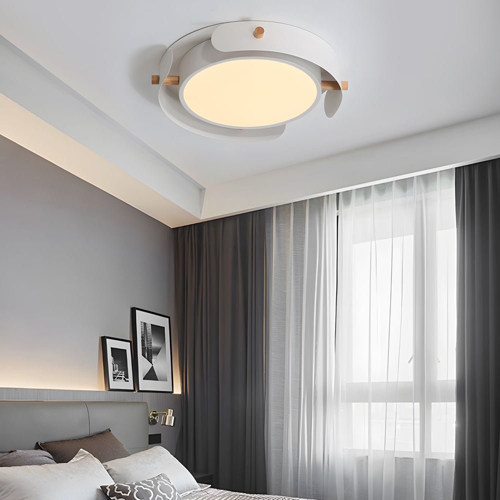 Nordic White Wood Drum Flush Mount Ceiling Light with LED