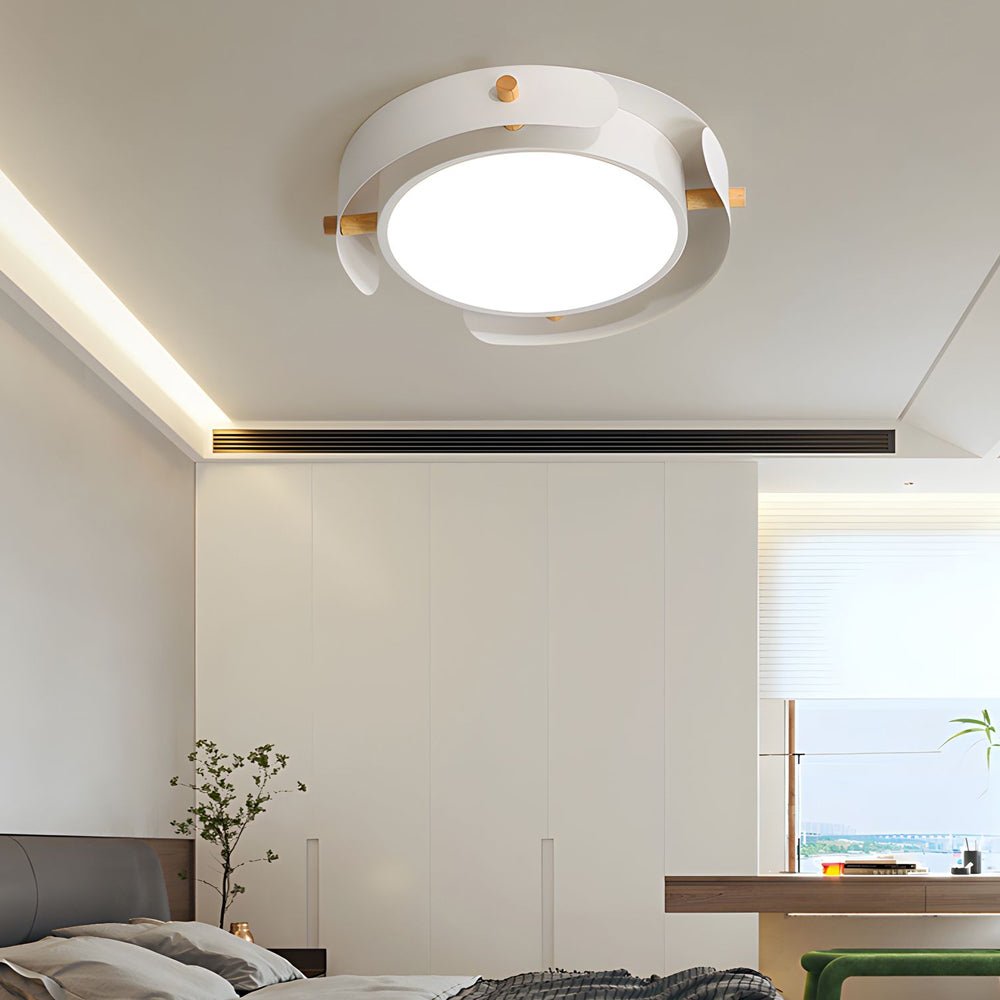 Nordic White Wood Drum Flush Mount Ceiling Light with LED