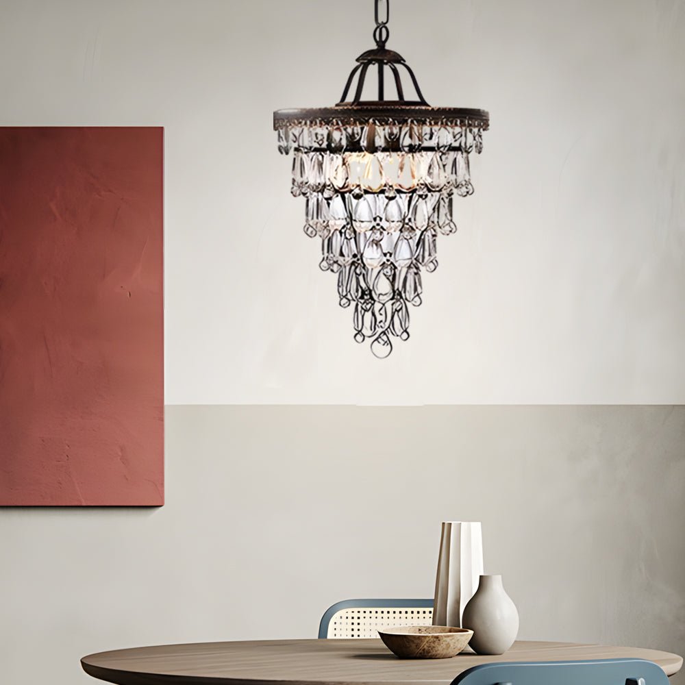 Tiered Crystal Chandelier with Aged Metal Frame - Mid-Century