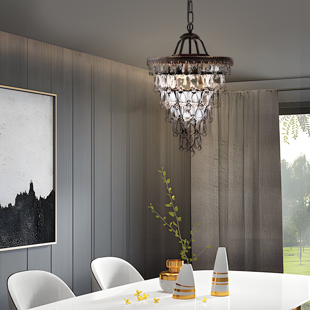 Tiered Crystal Chandelier with Aged Metal Frame - Mid-Century