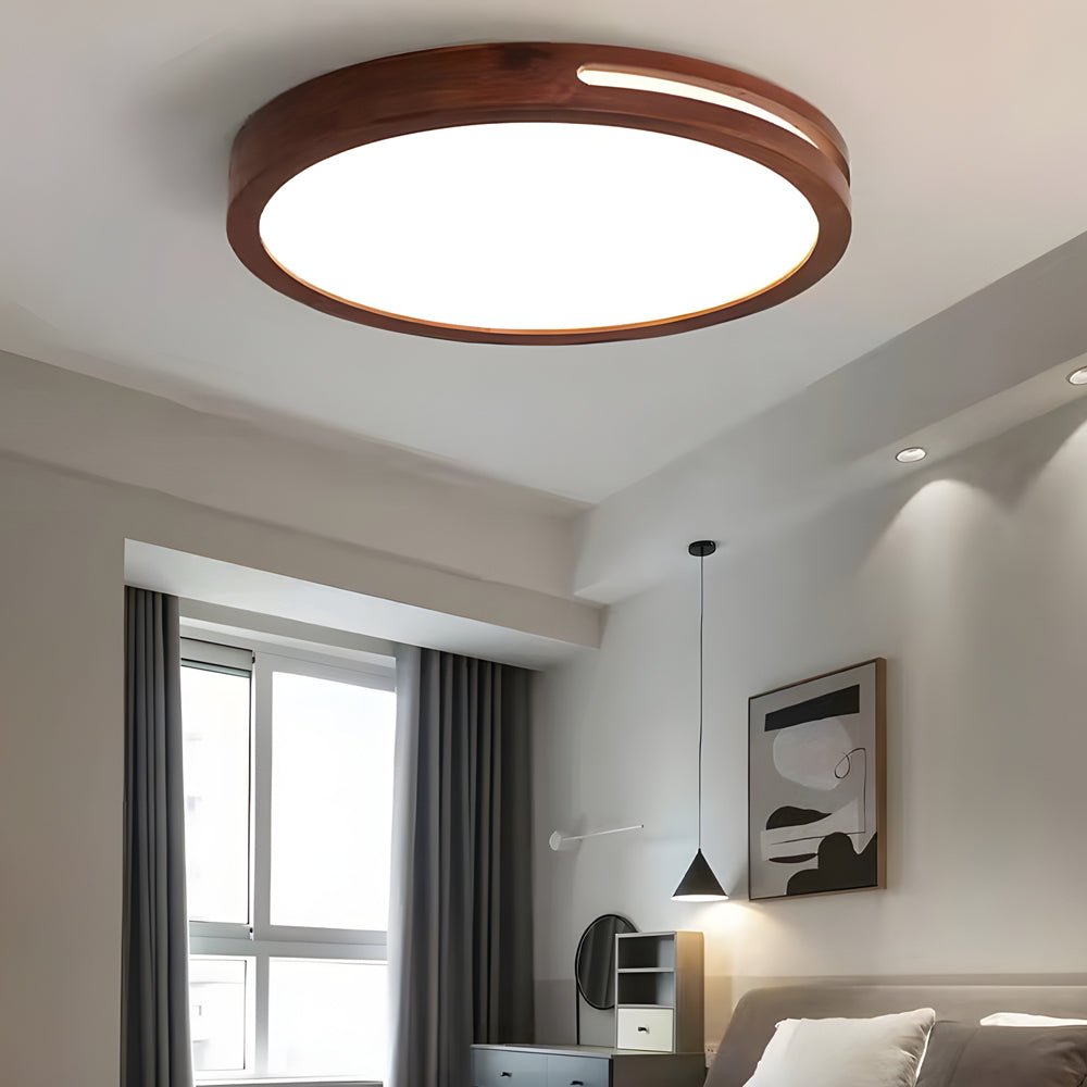 Round Wood Flush Mount Ceiling Light with Dimmable LED
