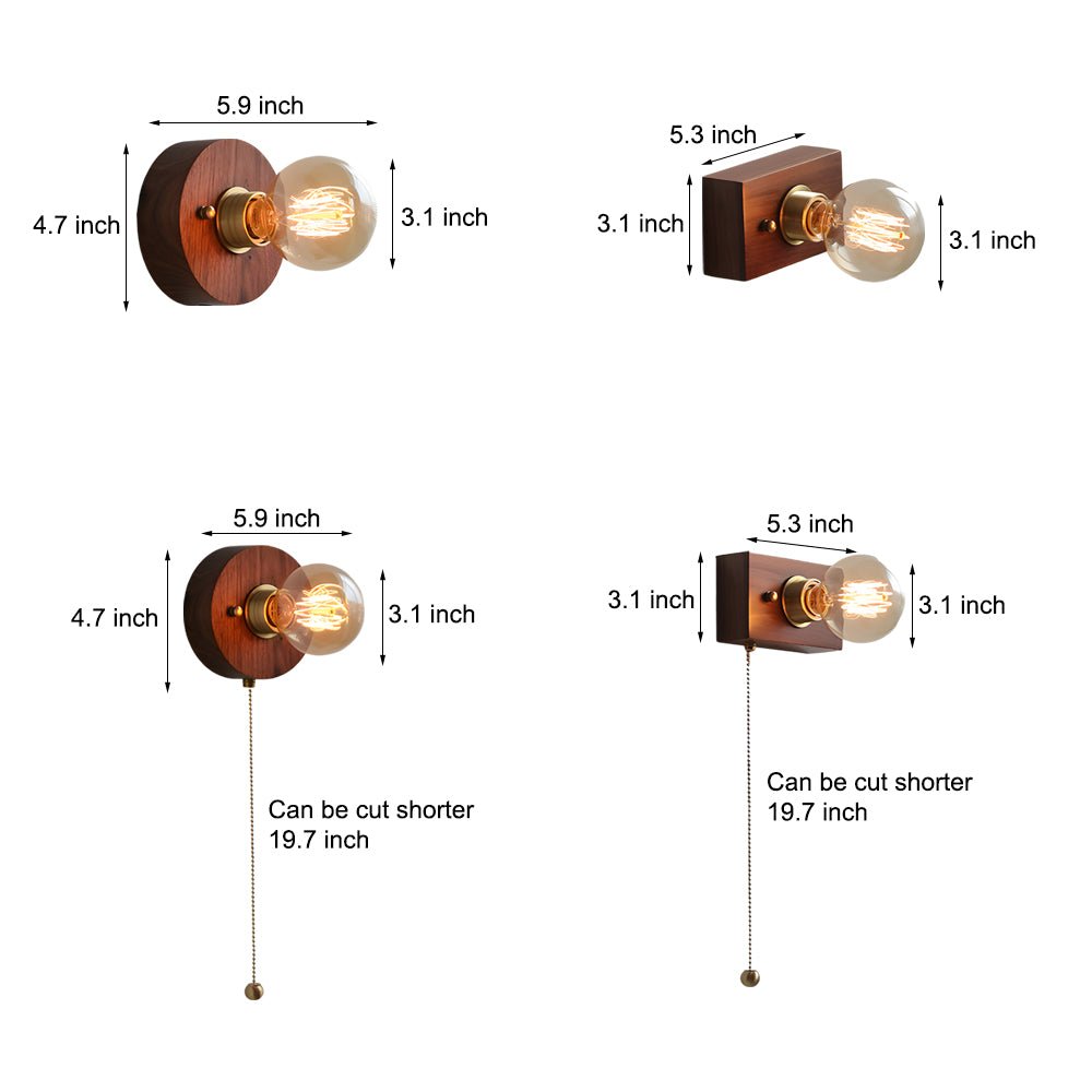 Mid-Century Walnut Wood Wall Sconce with Pull Chain Switch