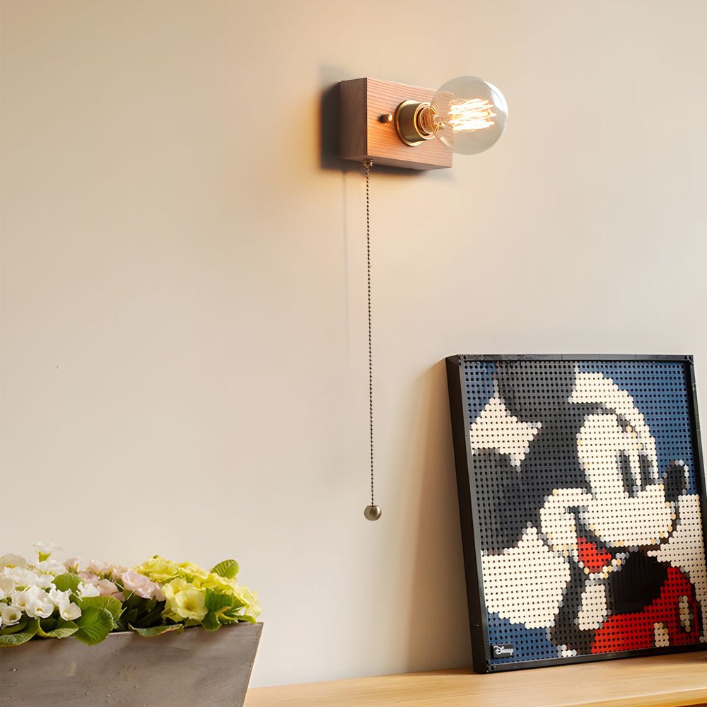 Mid-Century Walnut Wood Wall Sconce with Pull Chain Switch