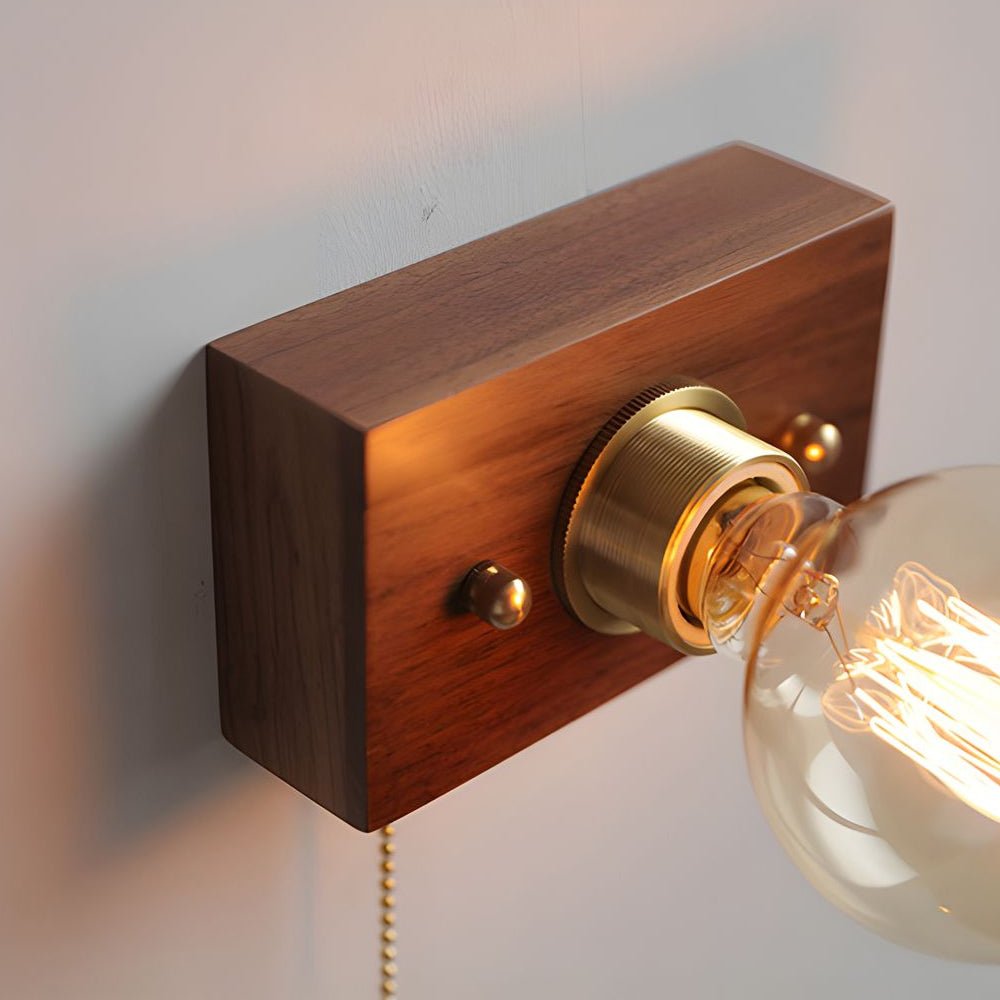 Mid-Century Walnut Wood Wall Sconce with Pull Chain Switch