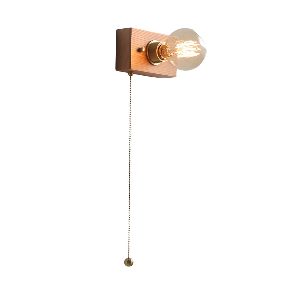 Mid-Century Walnut Wood Wall Sconce with Pull Chain Switch