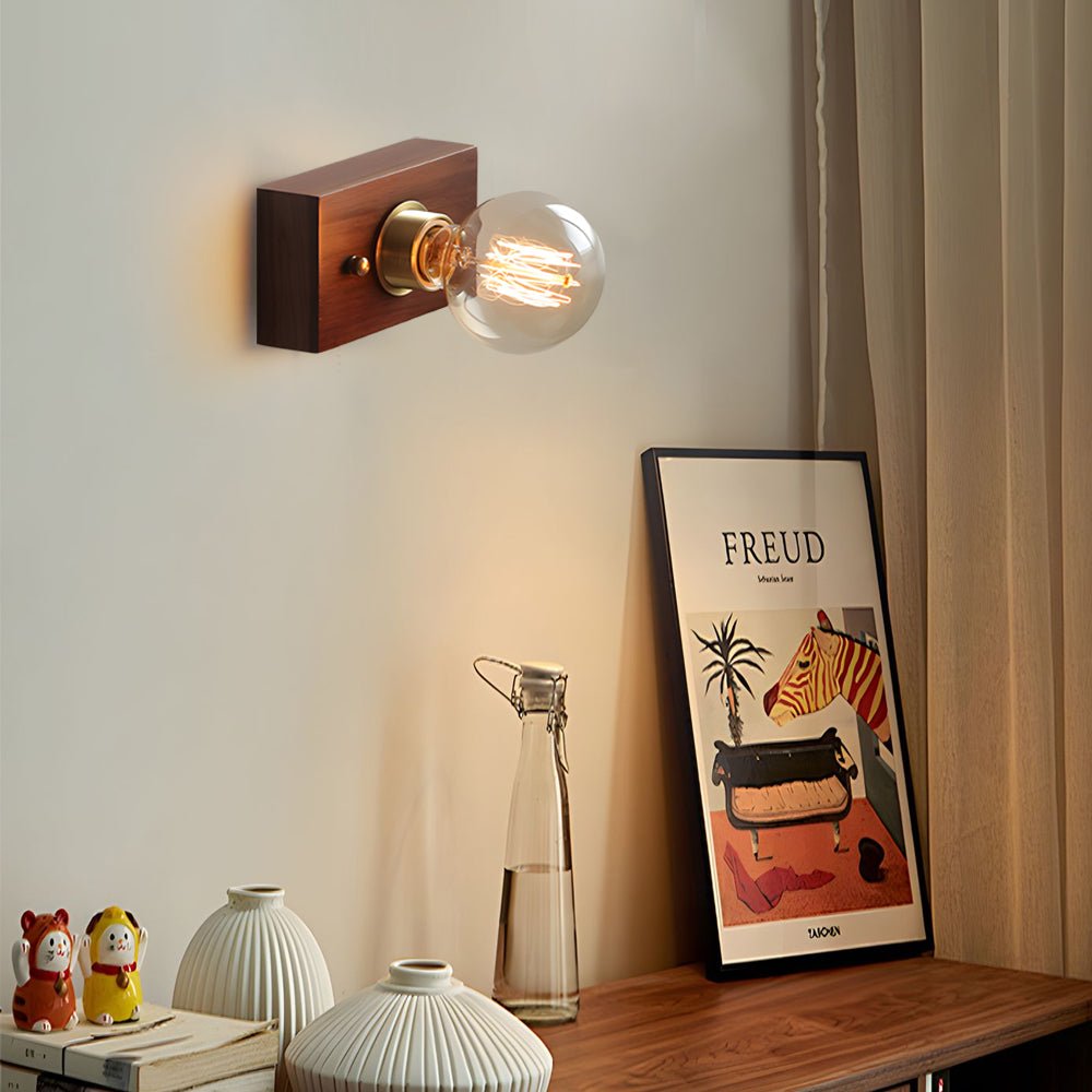 Mid-Century Walnut Wood Wall Sconce with Pull Chain Switch