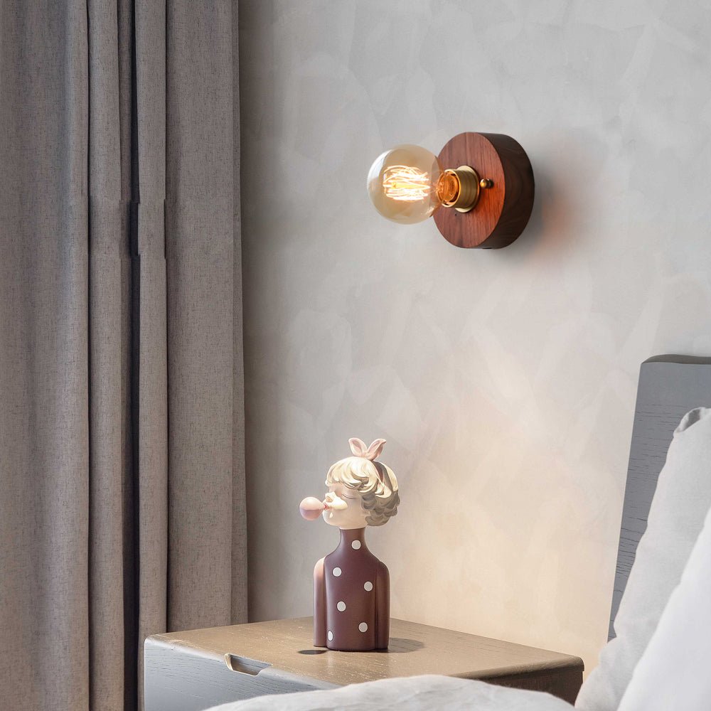 Mid-Century Walnut Wood Wall Sconce with Pull Chain Switch