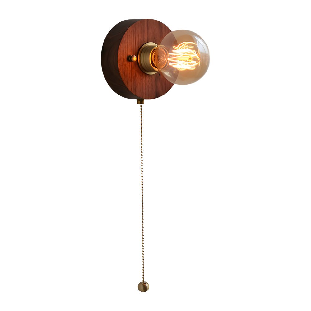 Mid-Century Walnut Wood Wall Sconce with Pull Chain Switch
