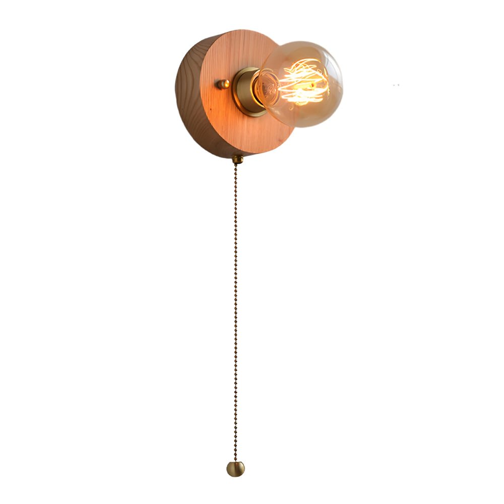 Mid-Century Walnut Wood Wall Sconce with Pull Chain Switch