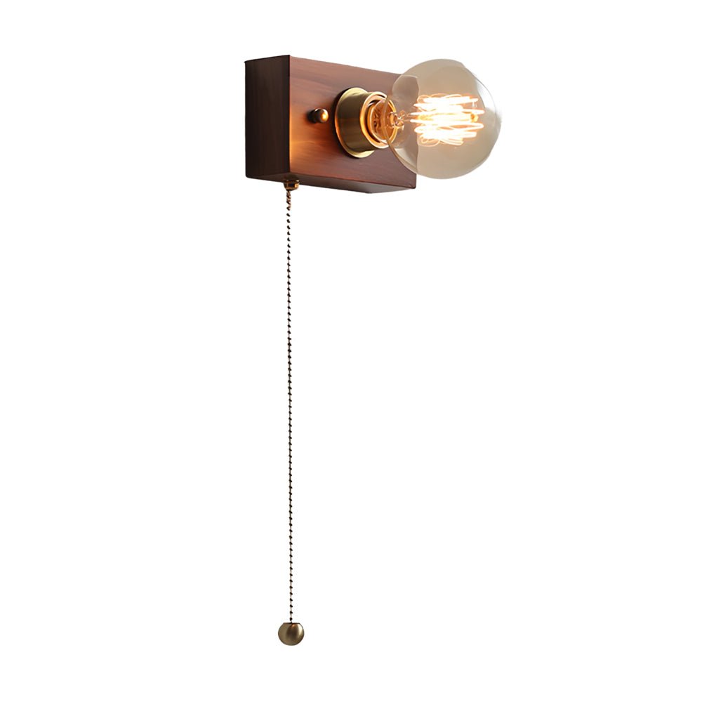 Mid-Century Walnut Wood Wall Sconce with Pull Chain Switch