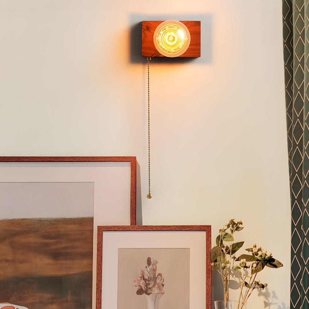 Mid-Century Walnut Wood Wall Sconce with Pull Chain Switch