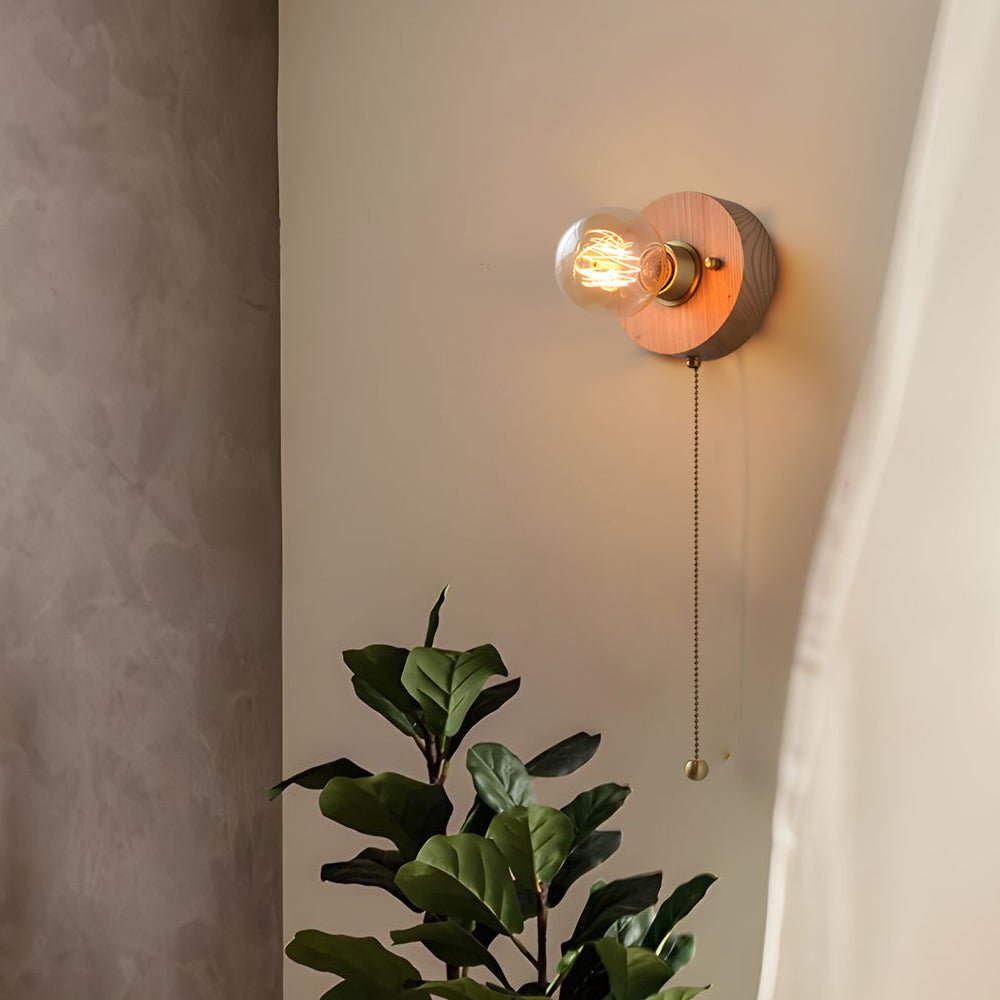 Mid-Century Walnut Wood Wall Sconce with Pull Chain Switch