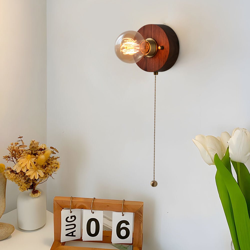 Mid-Century Walnut Wood Wall Sconce with Pull Chain Switch