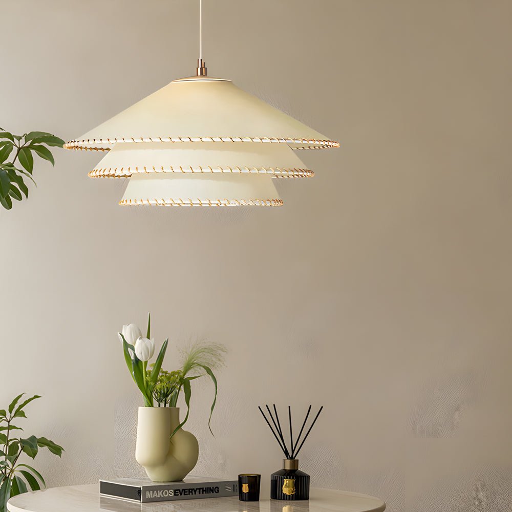 Rustic 3-Tier Parchment Pendant Light with Gold Metal Fixture