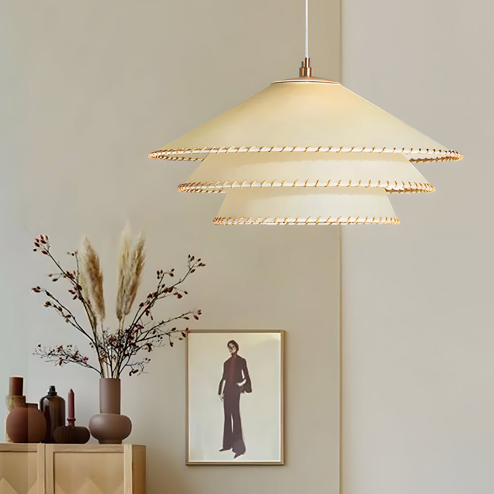 Rustic 3-Tier Parchment Pendant Light with Gold Metal Fixture