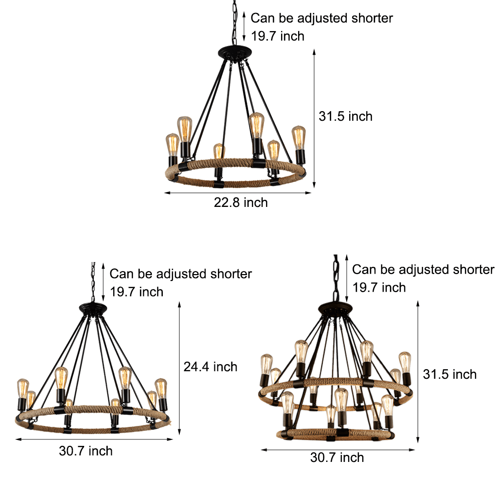Vintage Hemp Rope Chandelier with Iron Frame