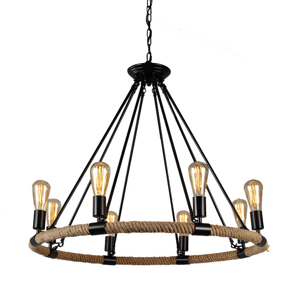 Vintage Hemp Rope Chandelier with Iron Frame