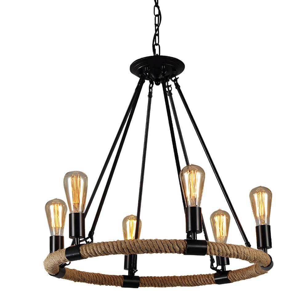 Vintage Hemp Rope Chandelier with Iron Frame