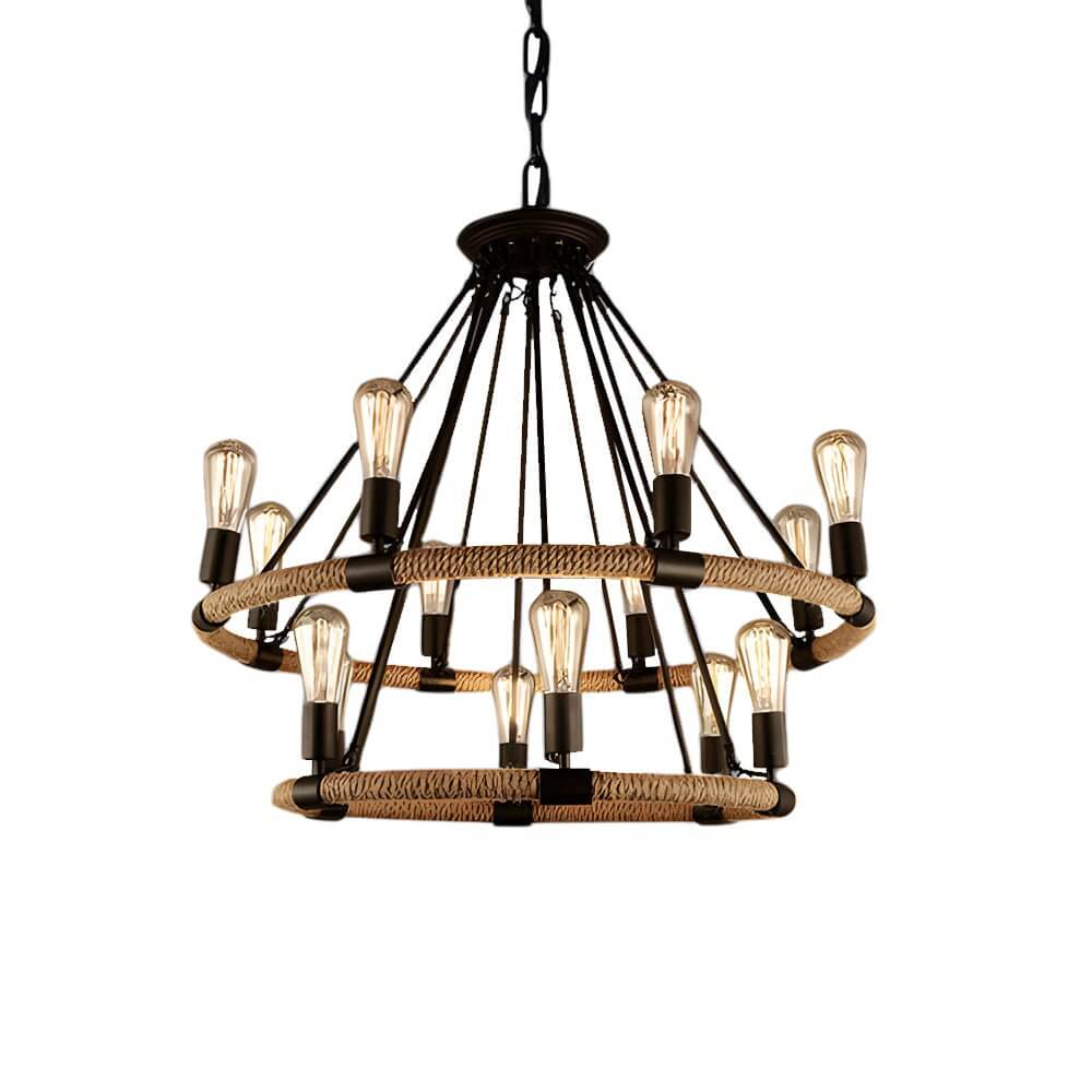 Vintage Hemp Rope Chandelier with Iron Frame