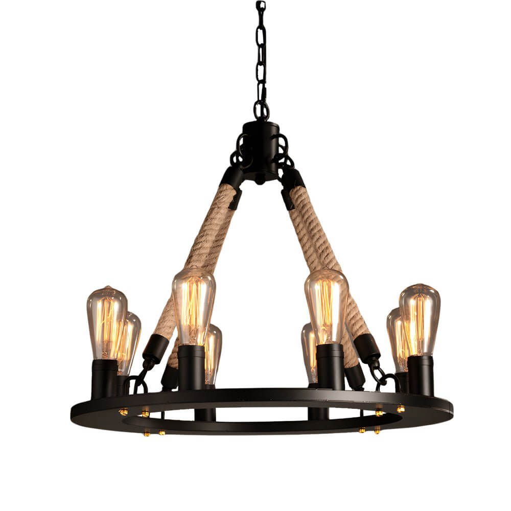 Vintage Hemp Rope Chandelier with Iron Frame