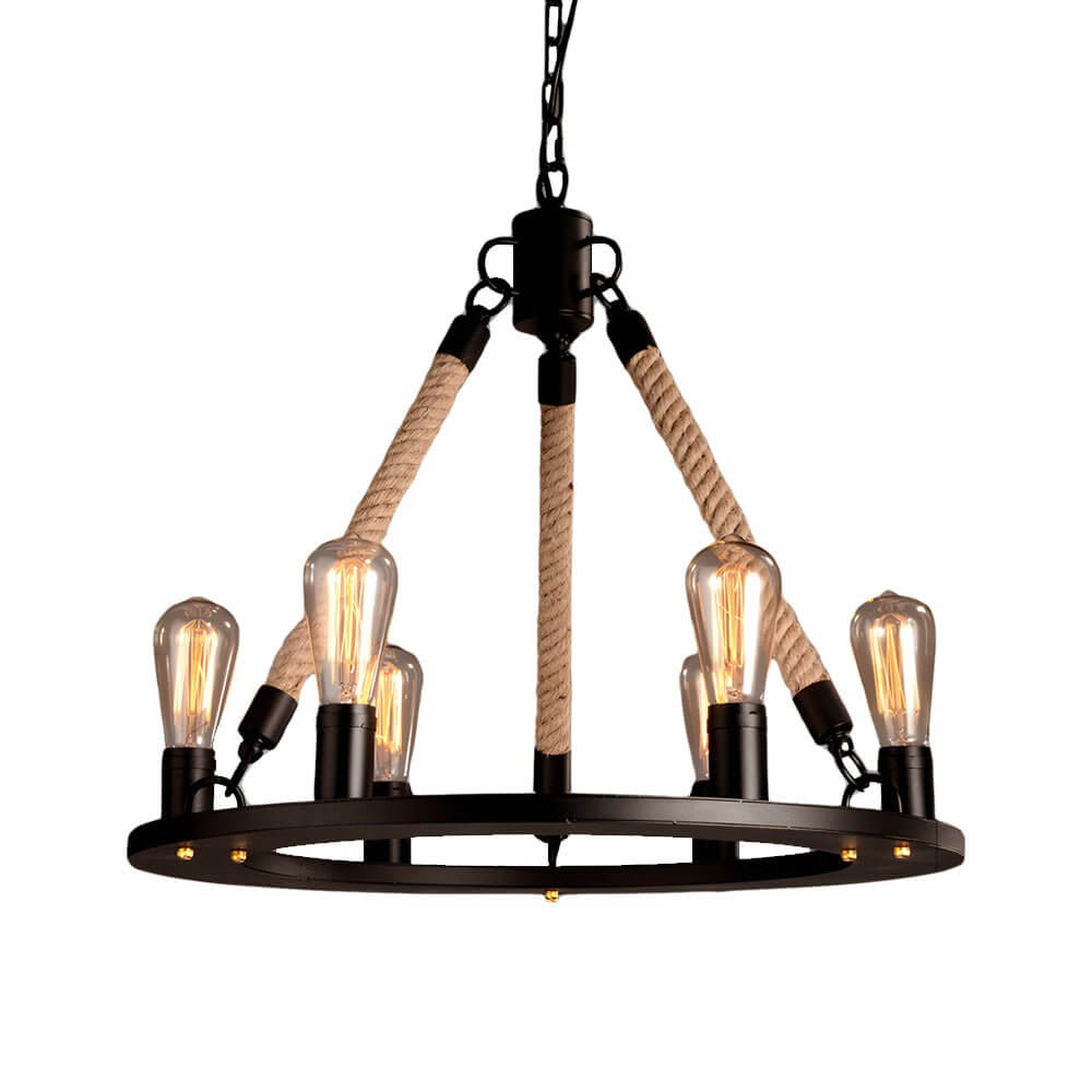 Vintage Hemp Rope Chandelier with Iron Frame