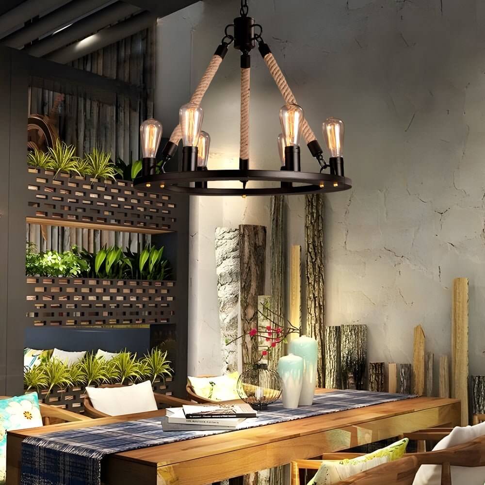 Vintage Hemp Rope Chandelier with Iron Frame