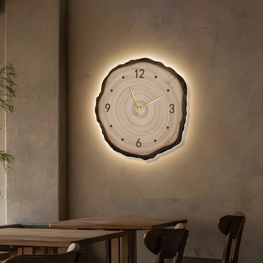 Rustic Wood Slice Wall Clock with Remote LED Lights