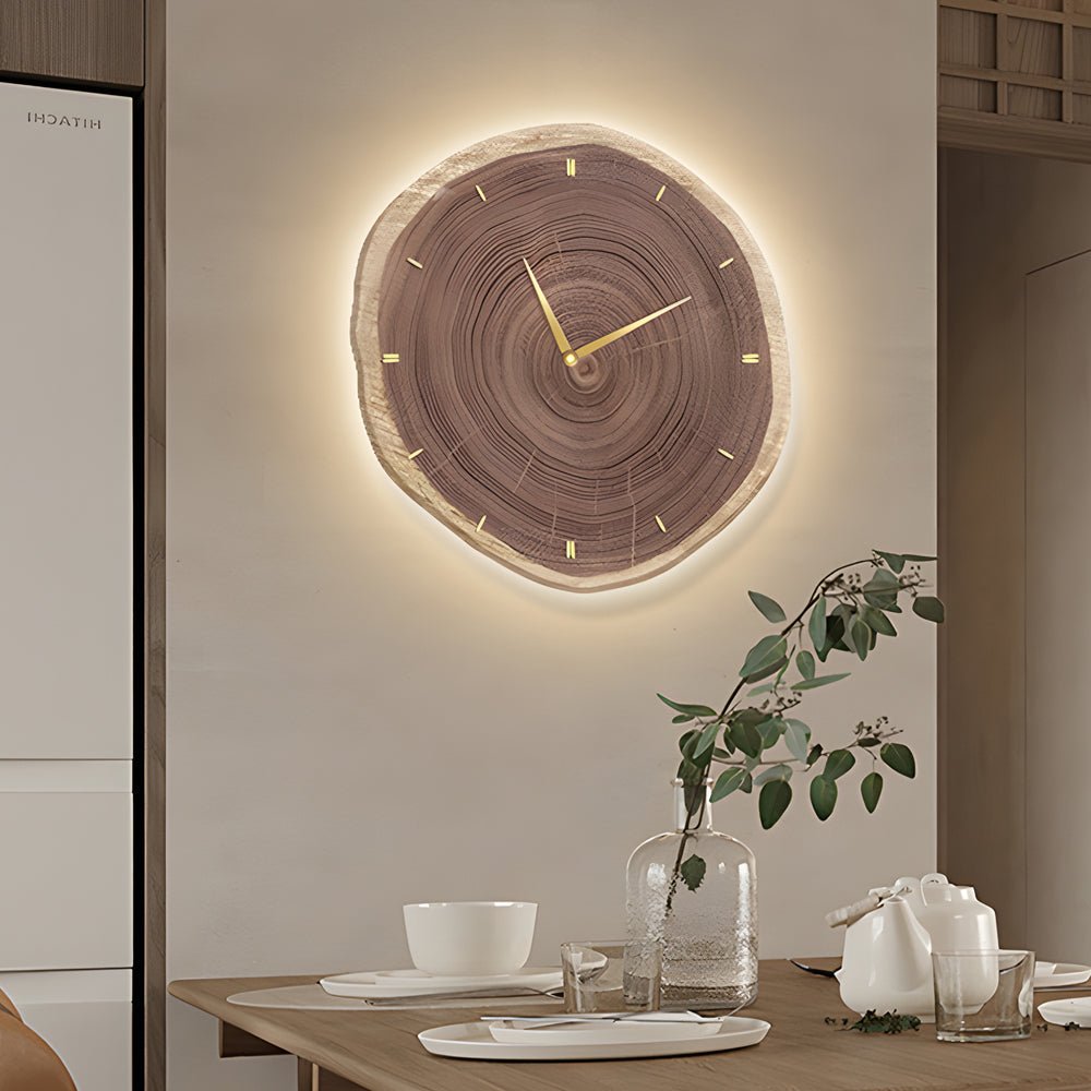 Rustic Wood Slice Wall Clock with Remote LED Lights