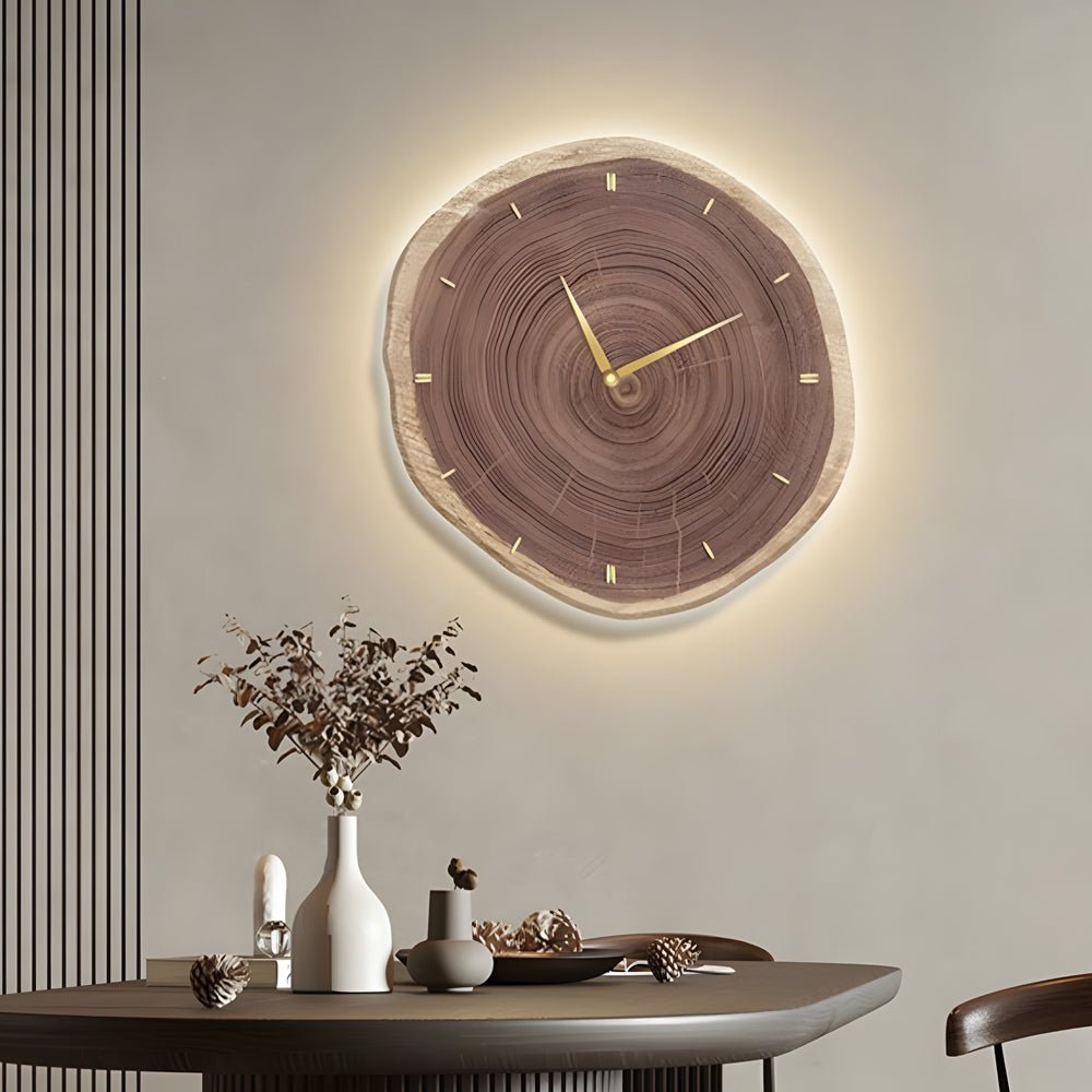 Rustic Wood Slice Wall Clock with Remote LED Lights