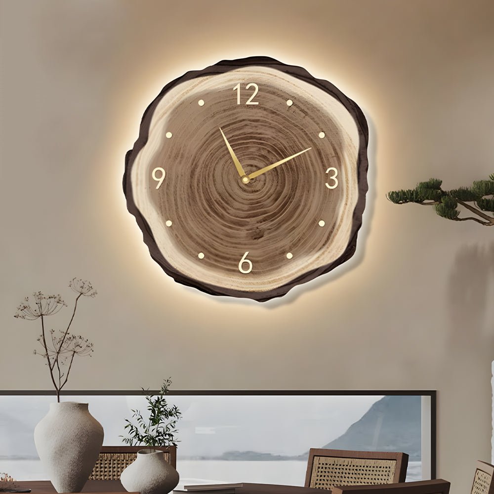 Rustic Wood Slice Wall Clock with Remote LED Lights