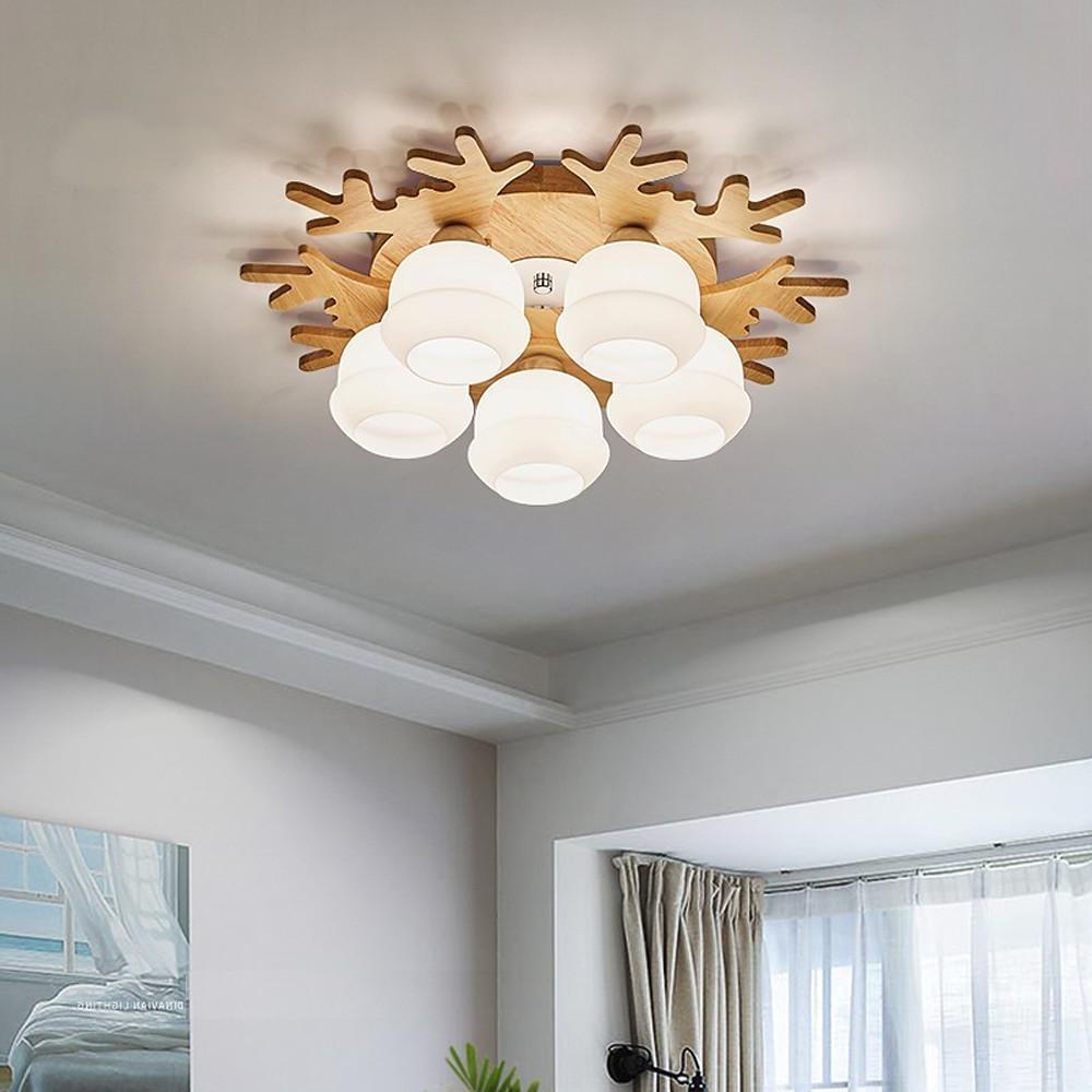 Modern Wood Glass Globe Flush Mount Ceiling Light | Ambient LED