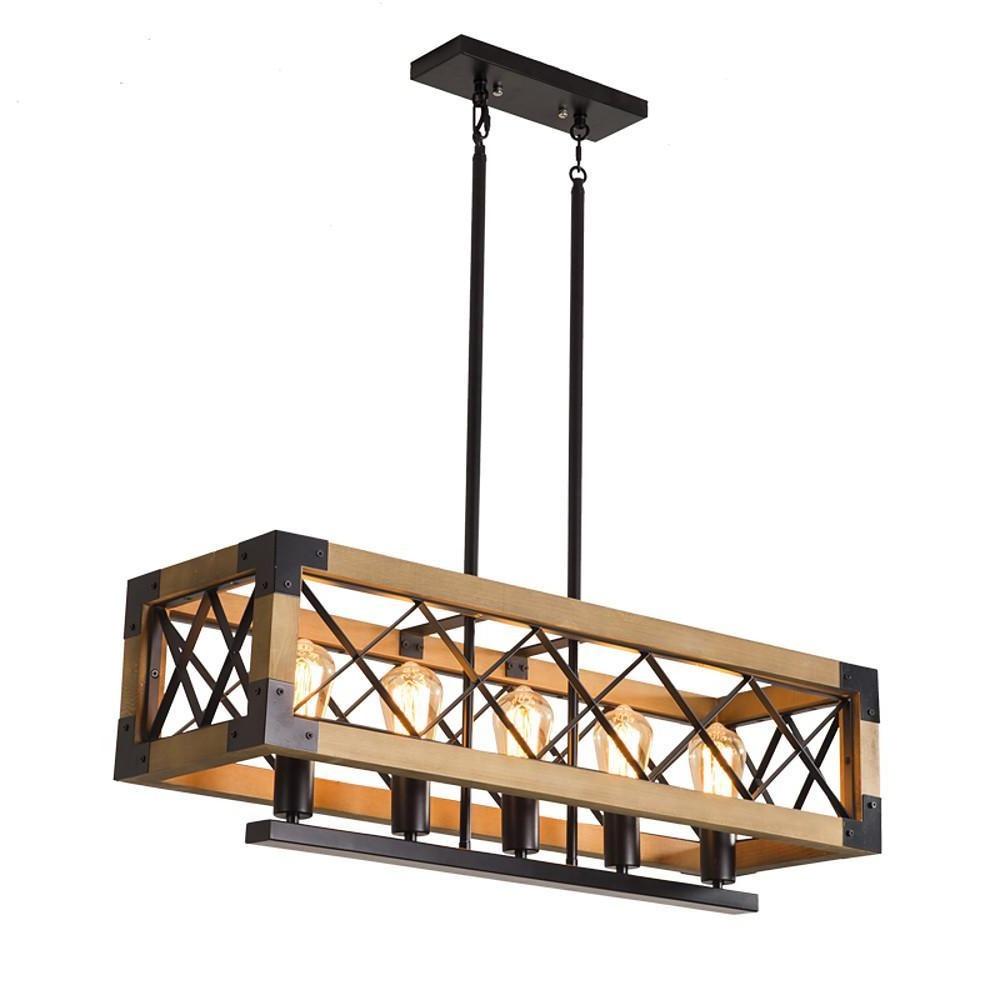 Rustic Industrial Linear Chandelier Wood & Glass Farmhouse Fixture