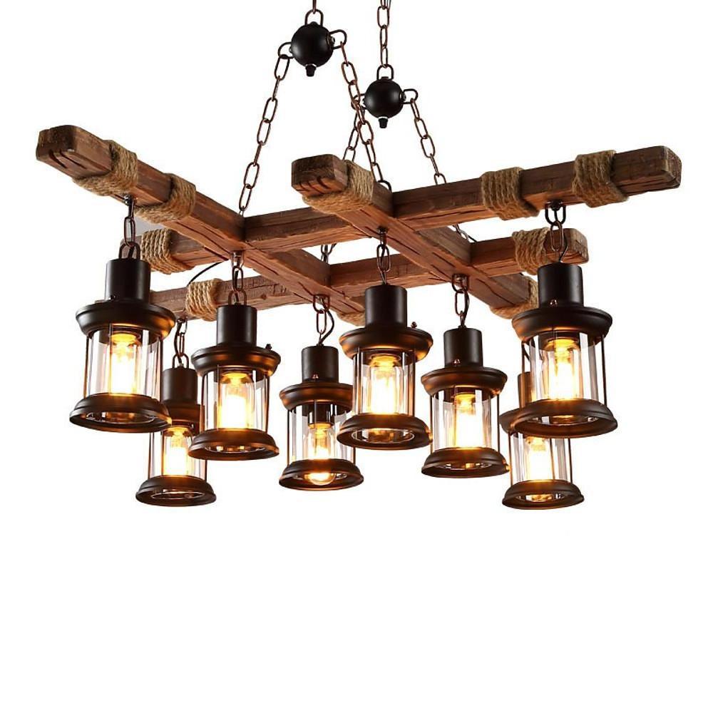 Vintage Wood & Glass 8-Light Farmhouse Pendant Chandelier